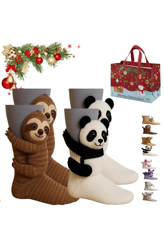 3D Knit Animal Sloth Socks,2 Pair Animal Socks for Women,Warm and Soft Long Stocking Stuffers Socks, Fun & Adorable Christmas Gift, Cozy Fall & Winter with Gift Bags