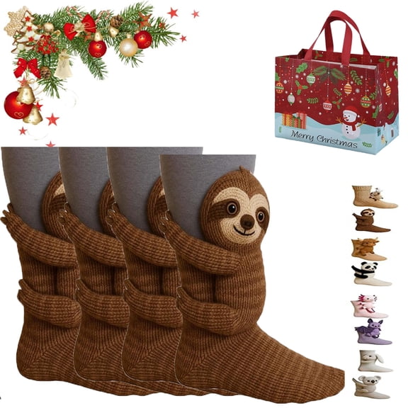 3D Knit Animal Sloth Socks,2 Pair Animal Socks for Women,Warm and Soft Long Stocking Stuffers Socks, Fun & Adorable Christmas Gift, Cozy Fall & Winter with Gift Bags