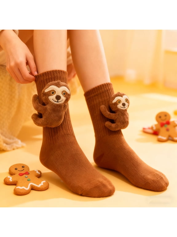 3D Knit Animal Sloth Socks - Womens Cozy Plush Hug Crew Socks, 2025 Christmas Cute Novelty Floor Socks