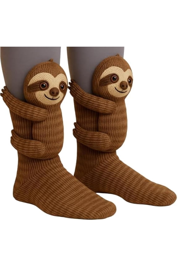 3D Knit Animal Sloth Socks for Women, 2025 Christmas Socks Collection Fun Cute Plush Animals Hug Crew Brown Socks (Sloth)