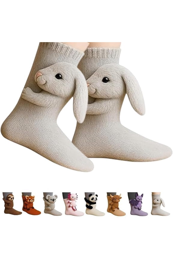 3D Knit Animal Sloth Socks for Women, 2025 Christmas Socks Collection Fun Cute Plush Animals Hug Crew Gray Socks (Rabbit)