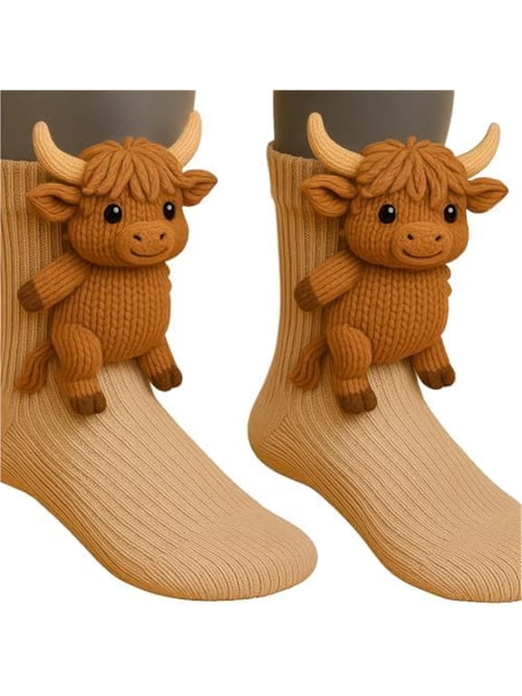 3D Knit Animal Socks, 2026 Handmade Funny Warm and Soft Long Sloth Socks, Cozy Fall & Winter,pure cotton,Highland Cow