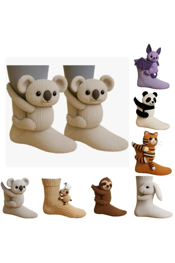 3D Knit Animal Socks, Adorable Plush Crew with Characters, Ultra Soft & Warm for Christmas, Fall