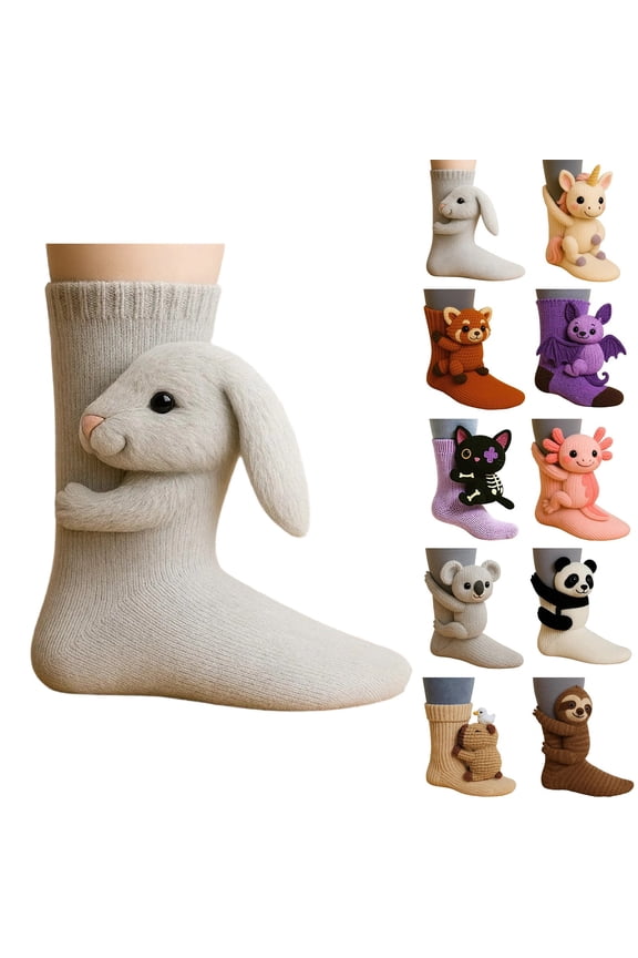 3D Knit Animal Socks, Animal Socks Hand Crocheted, Double-layer cotton, Warm embrace (Bunny)
