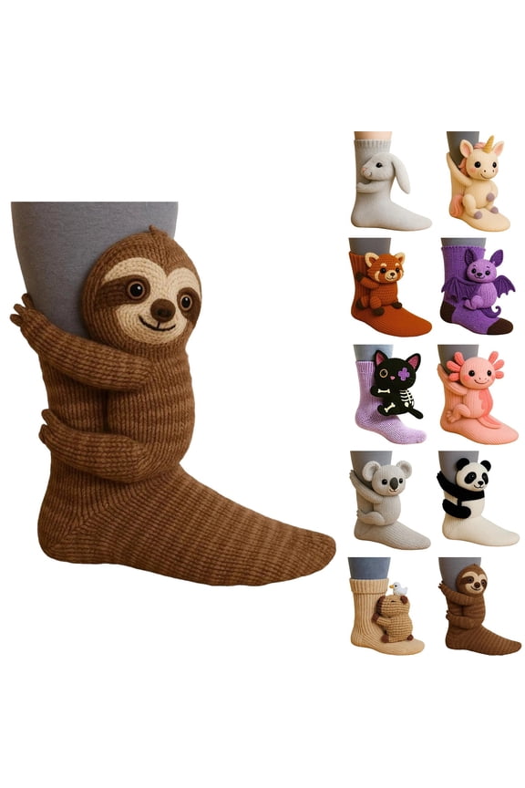 3D Knit Animal Socks, Animal Socks Hand Crocheted, Double-layer cotton, Warm embrace (Sloth)
