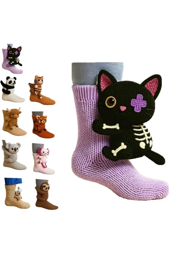 3D Knit Animal Socks Black Cat, Machine Washable Knit Socks for Men & Women, Various Animal Pattern designs, Winter Warm Style