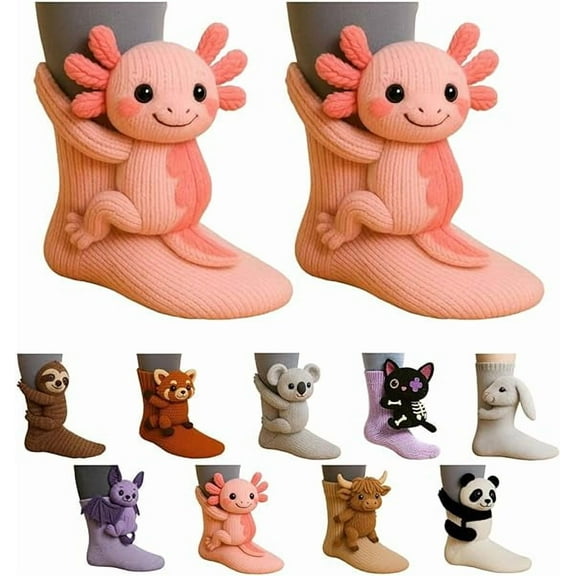 3D Knit Animal Socks Fall Winter Novelty Animal Hug Sock Hand Crocheted Thickened Warm Socks Double Layer Cotton Funny Christmas Socks Gifts For Men Womens Pink