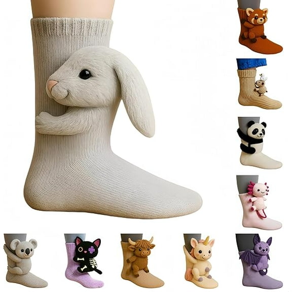 3D Knit Animal Socks Fall Winter Novelty Animal Hug Sock Hand Crocheted Thickened Warm Socks Double Layer Cotton Funny Christmas Socks Gifts For Men Womens Gray
