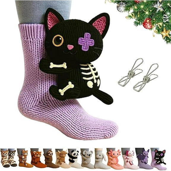 3D Knit Animal Socks Fall Winter Novelty Animal Socks Hug Socks Hand Crocheted Thickened Warm Socks Unisex Double Layer Cotton Funny Christmas Socks Gifts For Men Womens Purple