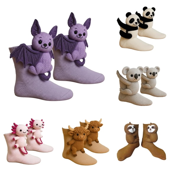 3D Knit Animal Socks - Hand Crocheted Novelty Crew Socks with Double Layer Warmth for Kids Adults