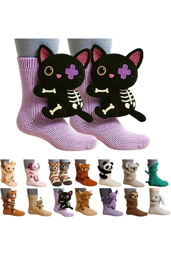 3D Knit Animal Socks for Unisex – Cute Cozy Hand-Crochet Floor Socks, 3D Funny Winter Warm Socks with Panda, Black Cat, Koala, Capybara, Raccoon, Sloth, Cow & More