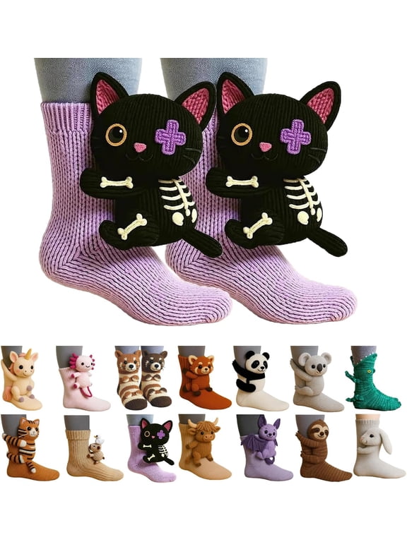 3D Knit Animal Socks for Unisex – Cute Cozy Hand-Crochet Floor Socks, 3D Funny Winter Warm Socks with Panda, Black Cat, Koala, Capybara, Raccoon, Sloth, Cow & More