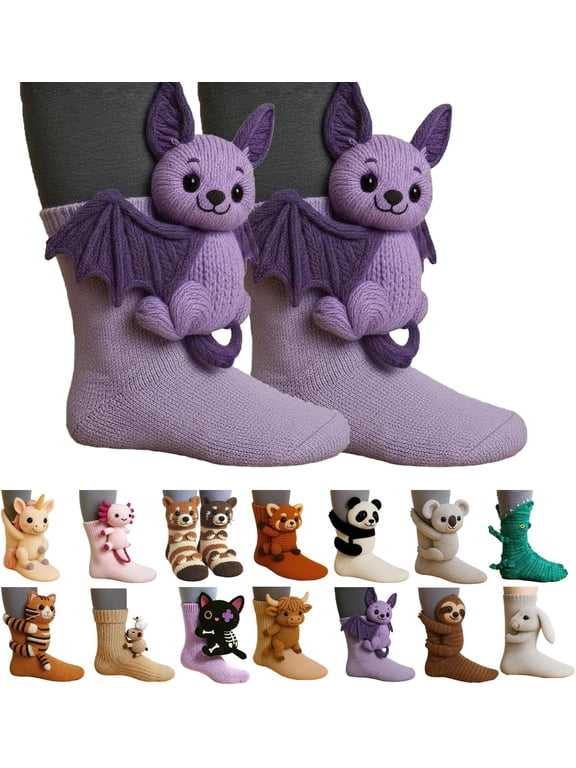 3D Knit Animal Socks for Unisex – Cute Cozy Hand-Crochet Floor Socks, 3D Funny Winter Warm Socks with Panda, Black Cat, Koala, Capybara, Raccoon, Sloth, Cow & More