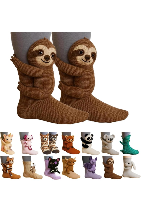 3D Knit Animal Socks for Unisex – Cute Cozy Hand-Crochet Floor Socks, 3D Funny Winter Warm Socks with Panda, Black Cat, Koala, Capybara, Raccoon, Sloth, Cow & More