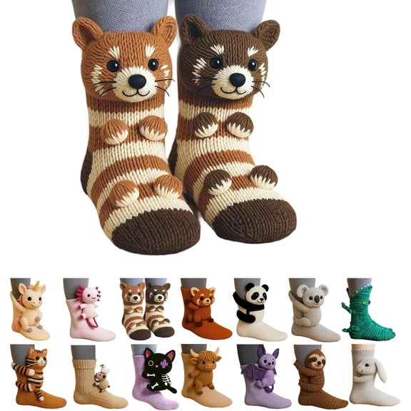 3D Knit Animal Socks for Unisex – Cute Cozy Hand-Crochet Floor Socks, 3D Funny Winter Warm Socks with Panda, Black Cat, Koala, Capybara, Raccoon, Sloth, Cow & More