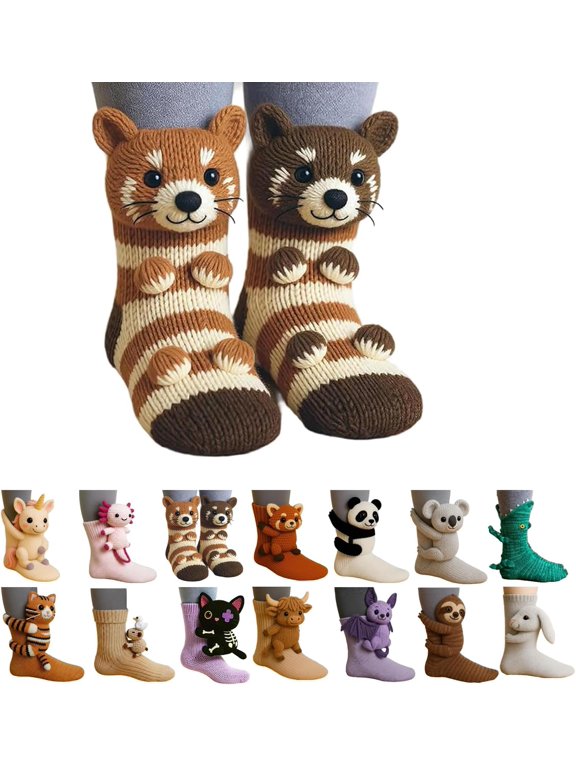 3D Knit Animal Socks for Unisex – Cute Cozy Hand-Crochet Floor Socks, 3D Funny Winter Warm Socks with Panda, Black Cat, Koala, Capybara, Raccoon, Sloth, Cow & More
