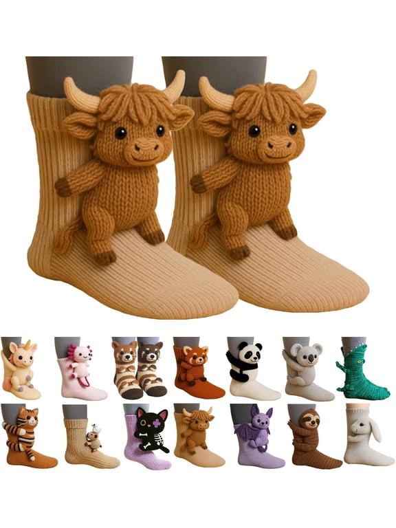 3D Knit Animal Socks for Unisex – Cute Cozy Hand-Crochet Floor Socks, 3D Funny Winter Warm Socks with Panda, Black Cat, Koala, Capybara, Raccoon, Sloth, Cow & More