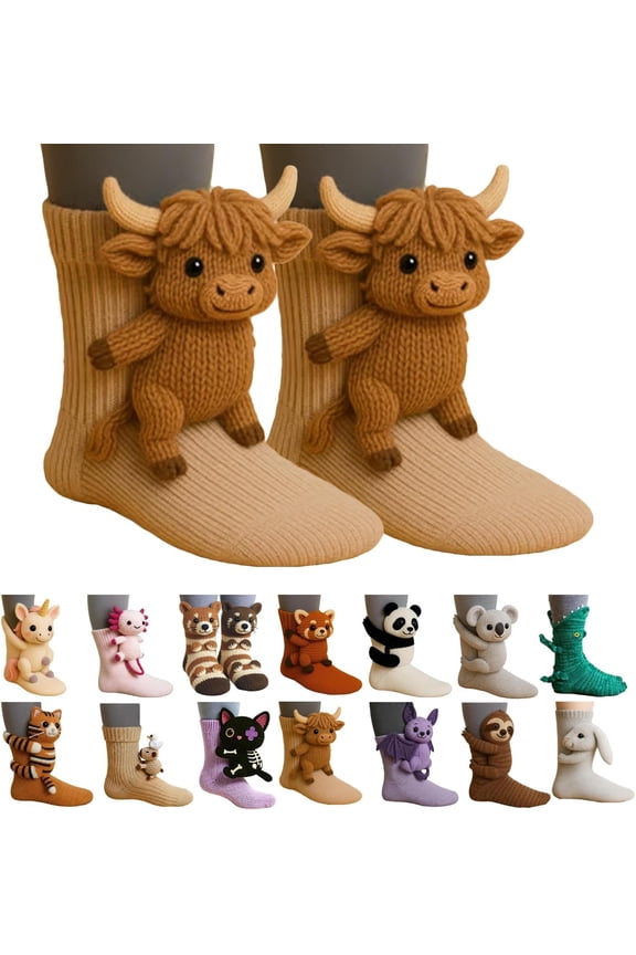 3D Knit Animal Socks for Unisex – Cute Cozy Hand-Crochet Floor Socks, 3D Funny Winter Warm Socks with Panda, Black Cat, Koala, Capybara, Raccoon, Sloth, Cow & More