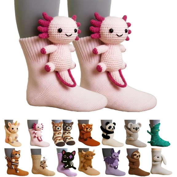 3D Knit Animal Socks for Unisex – Cute Cozy Hand-Crochet Floor Socks, 3D Funny Winter Warm Socks with Panda, Black Cat, Koala, Capybara, Raccoon, Sloth, Cow & More