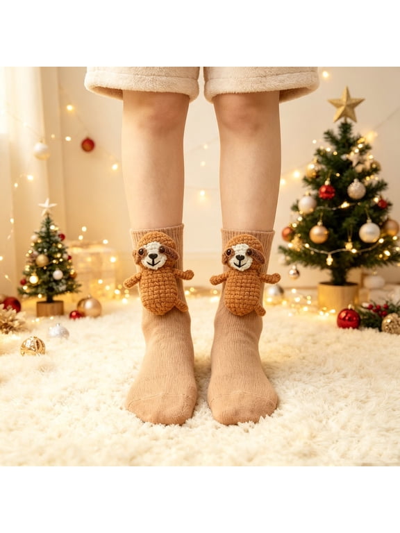 3D Knit Animal Socks for Women, Winter Novelty Animal Hug Floor Socks, Hand Crocheted Thickened Warm Quarter Socks, Cozy Fun Christmas Holiday & Birthday Gift, #Sloth