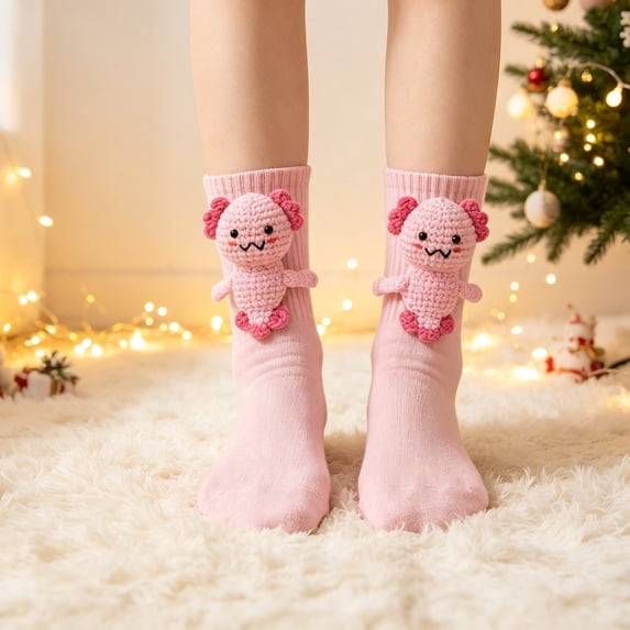 3D Knit Animal Socks for Women, Winter Novelty Animal Hug Floor Socks, Hand Crocheted Thickened Warm Quarter Socks, Cozy Fun Christmas Holiday & Birthday Gift, #Axolotl