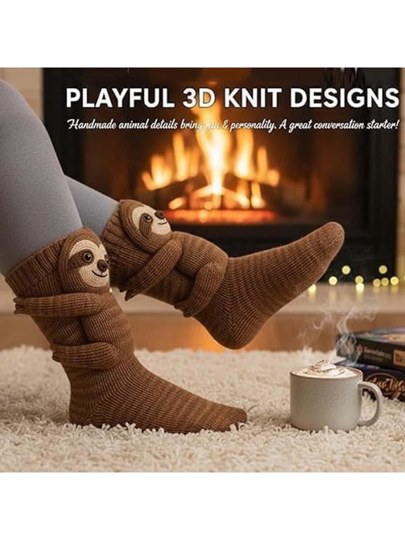 3D Knit Sloth Hug Crew Socks, Thick Warm Hand Knit Animal Socks for Fall Winter, Novelty Funny Christmas Stocking Stuffer Gifts Unisex for Men Women