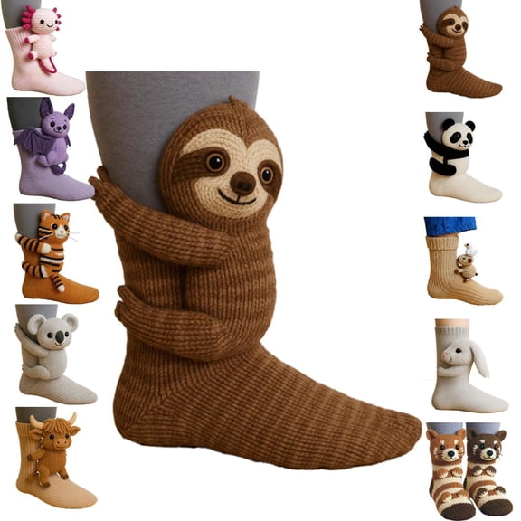 3D Knit Sloth Socks, Cute Fuzzy Novelty Sloth Sock, Hand-Crocheted Cozy Floor Socks, Warm Fun Sock for Women Men Christmas Gifts