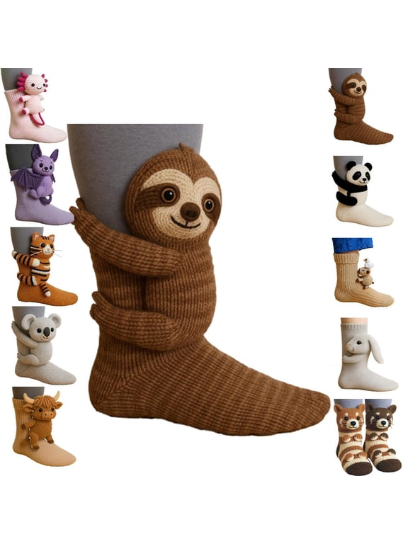 3D Knit Sloth Socks, Cute Fuzzy Novelty Sloth Sock, Hand-Crocheted Cozy Floor Socks, Warm Fun Sock for Women Men Christmas Gifts