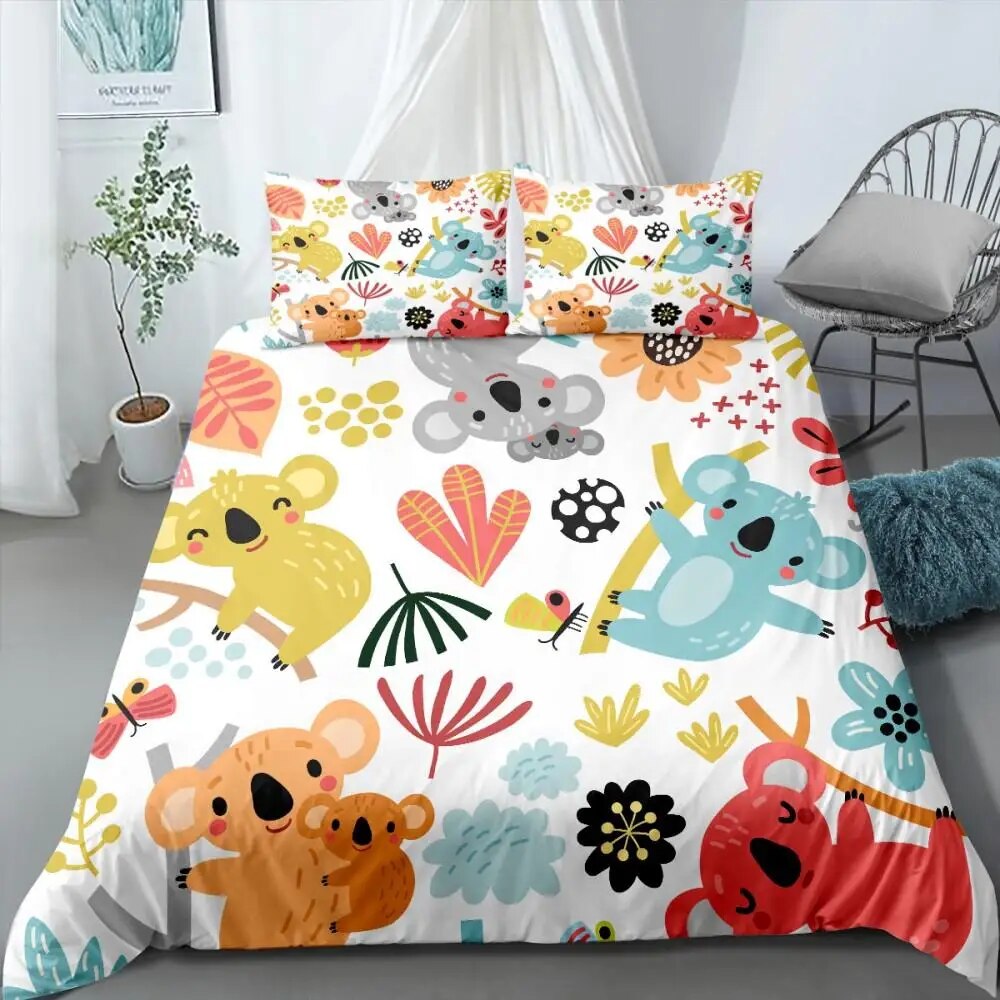 3D Koala Duvet Cover Set Microfiber Cartoon Leaves Baby Bear Australian