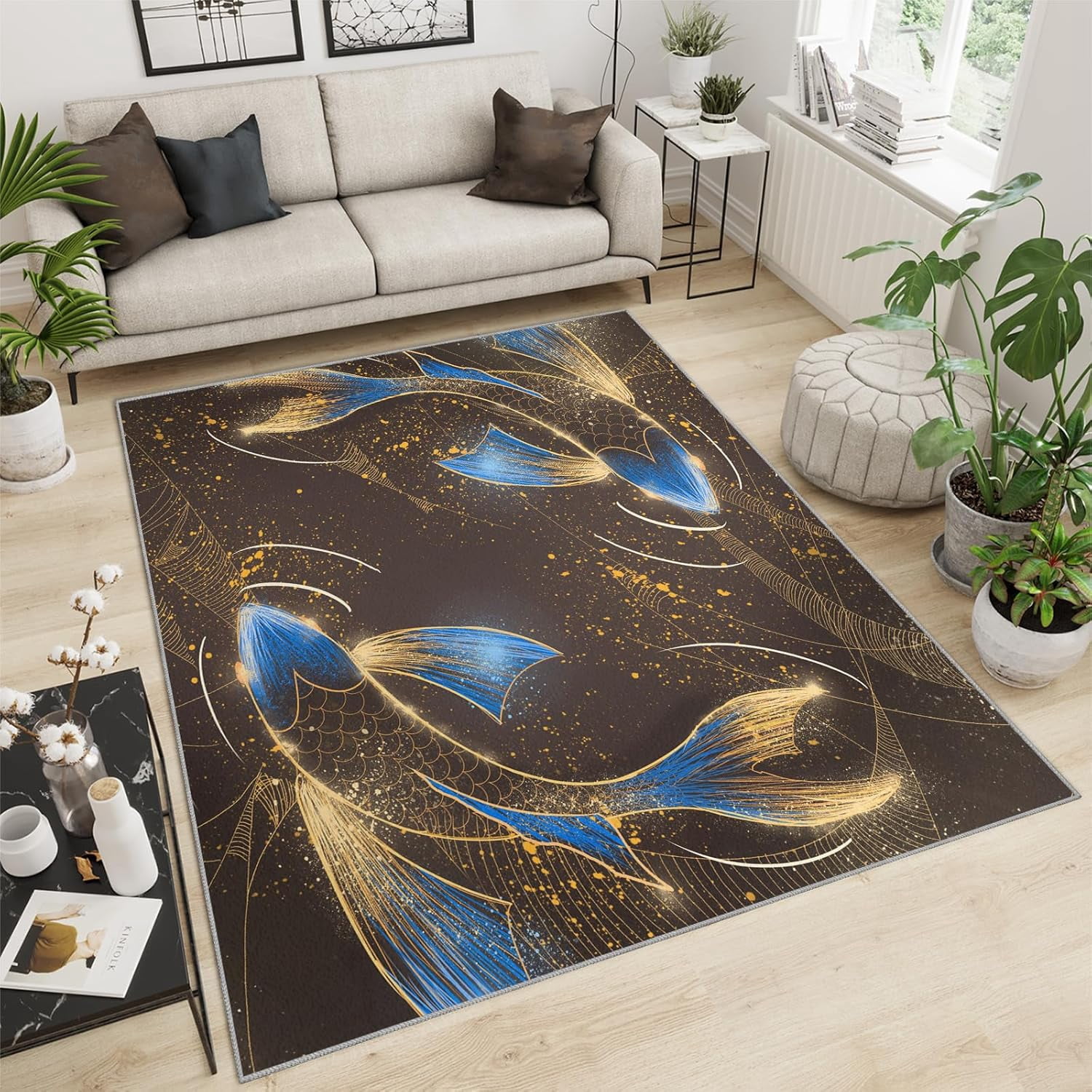 3D Koi Area Rugs Blue And Gold Koi Rug Two Goldfish Area Carpet Modern ...