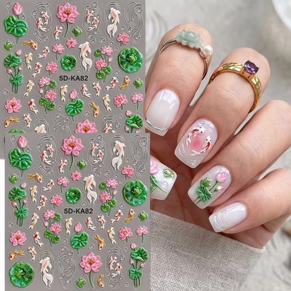3D Koi Lotus Frog Nail Stickers Spring Summer Relief Decals 3Pcs Set