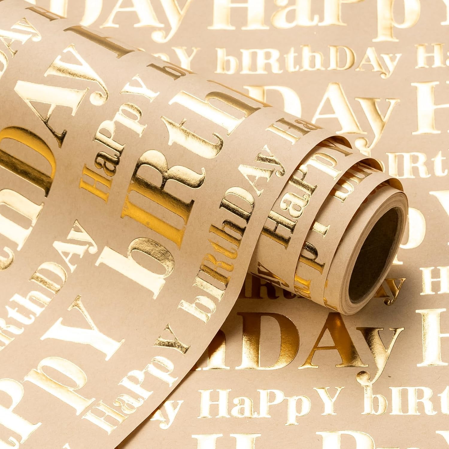 3D Kraft Birthday Wrapping Paper Roll - Mini Roll - 17 Inch x 16.5 Feet - Gold and Brown Happy Birthday Lettering Design with Embossed Perfect for Holiday, Party Celebration