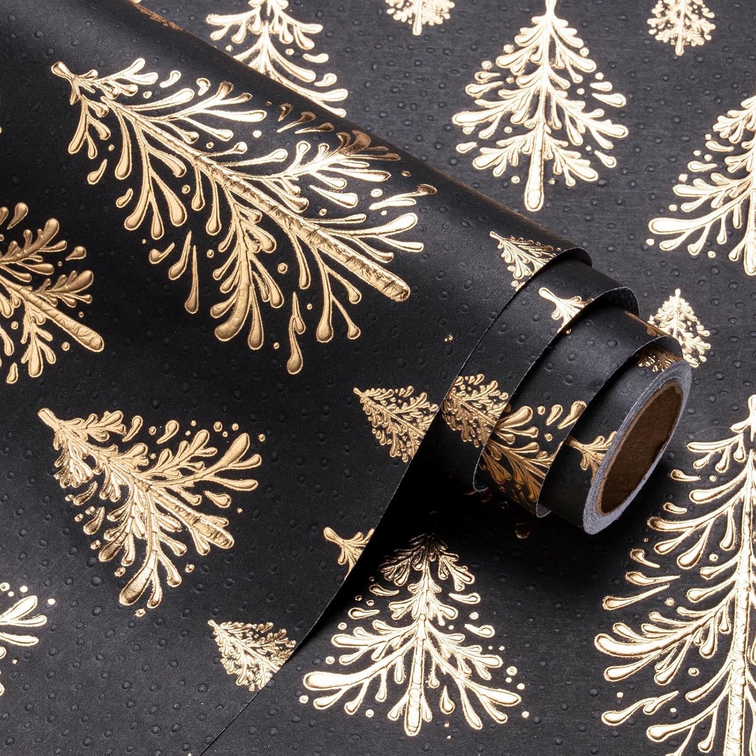 3D Kraft Christmas Wrapping Paper Roll - Mini Roll - 17 Inch x 16.5 Feet - Gold and Black Christmas Tree Wrapping Paper with Embossed Perfect for Holiday, Party Celebration