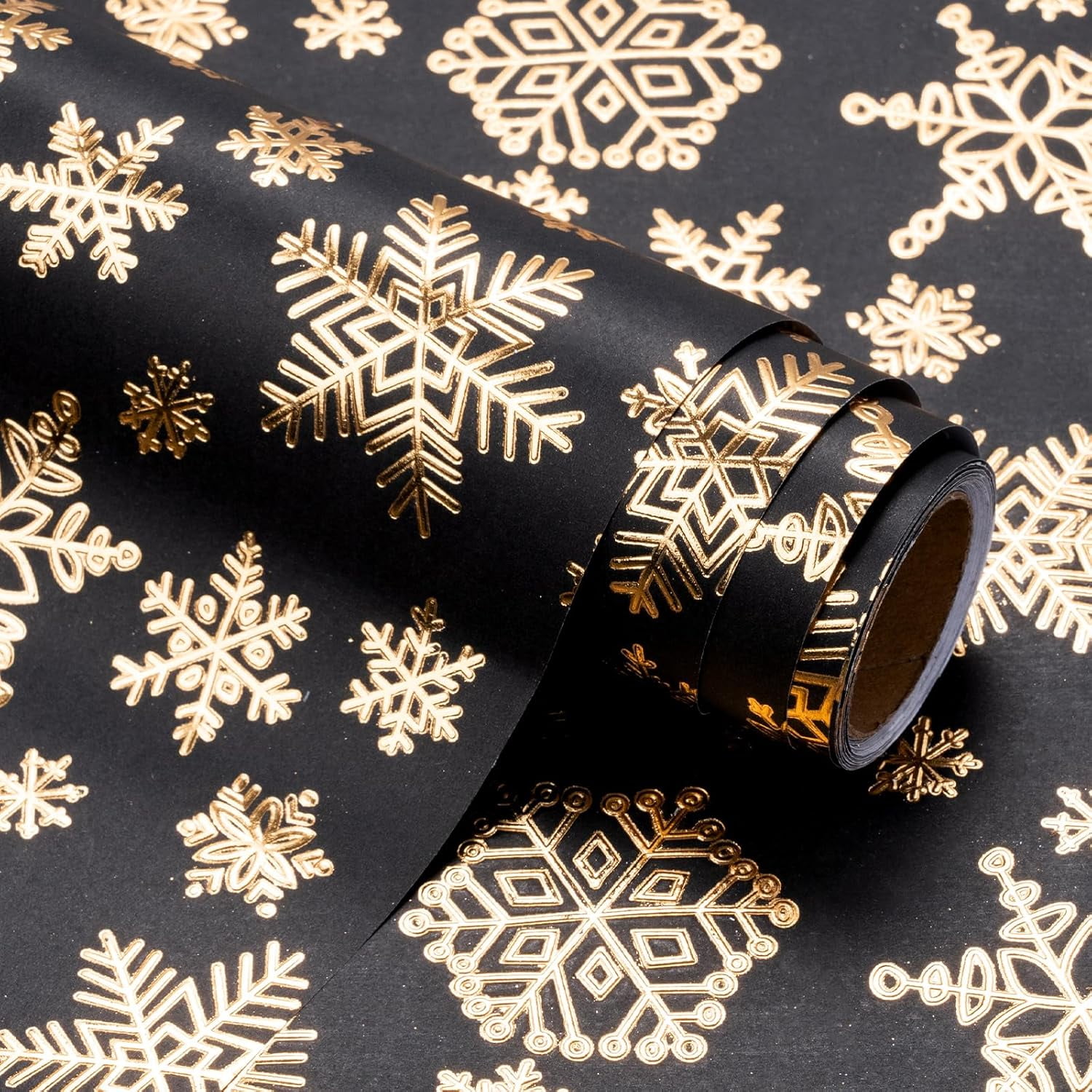 3D Kraft Christmas Wrapping Paper Roll - Mini Roll - 17 Inch x 16.5 Feet - Gold and Black Snowflake Wrapping Paper with Embossed Perfect for Christmas, Holiday, Party Celebration