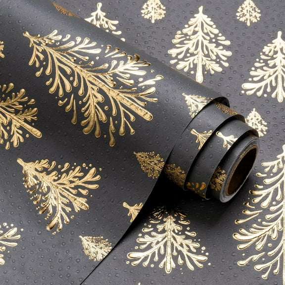 3D Kraft Christmas Wrapping Paper Roll - Mini Roll - 17 Inch x 16.5 Feet - Gold and Dark Grey Christmas Tree Wrapping Paper with Embossed Perfect for Holiday, Party Celebration