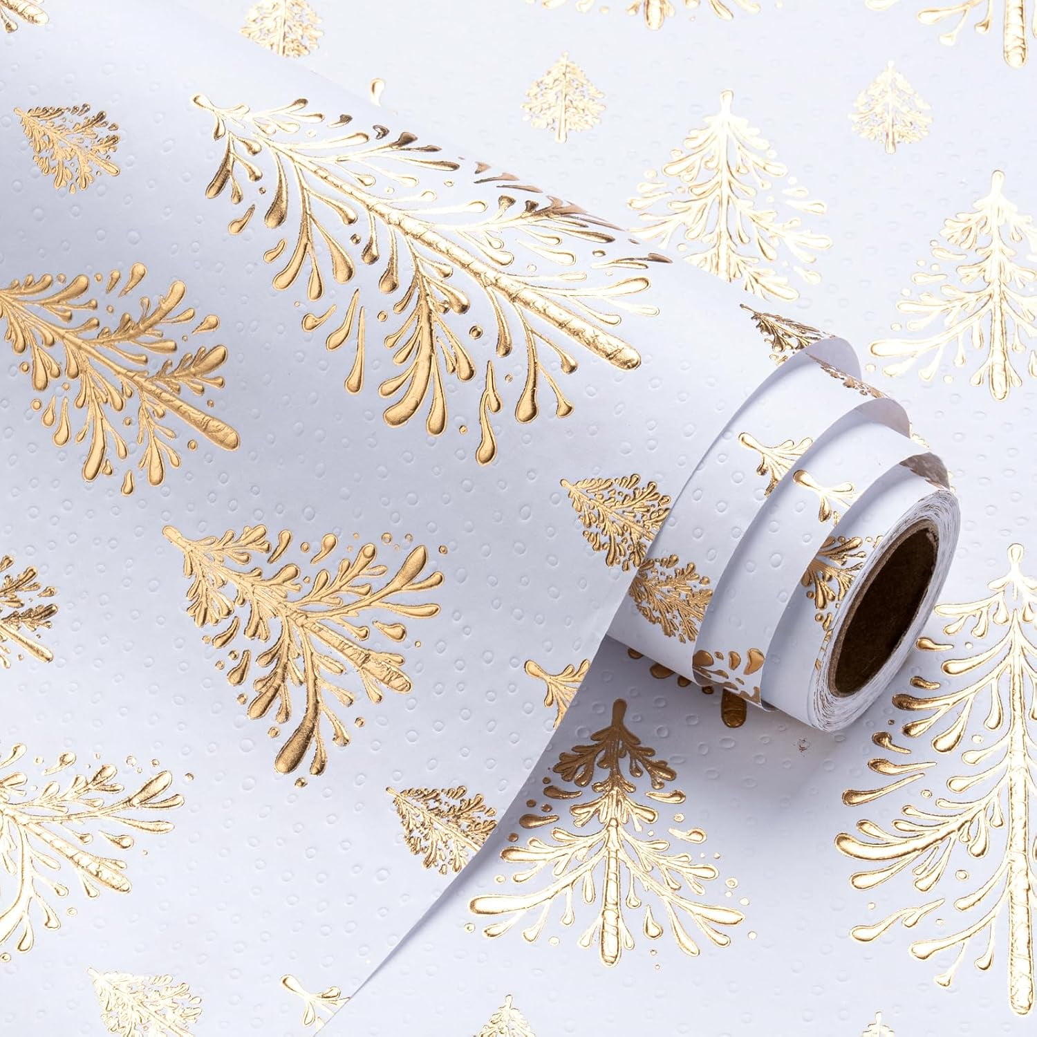 3D Kraft Christmas Wrapping Paper Roll - Mini Roll - 17 Inch x 16.5 Feet - Gold and White Christmas Tree Wrapping Paper with Embossed Perfect for Holiday, Party Celebration