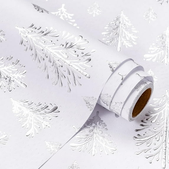 3D Kraft Christmas Wrapping Paper Roll - Mini Roll - 17 Inch x 16.5 Feet - Silver and White Christmas Tree Wrapping Paper with Embossed Perfect for Holiday, Party Celebration