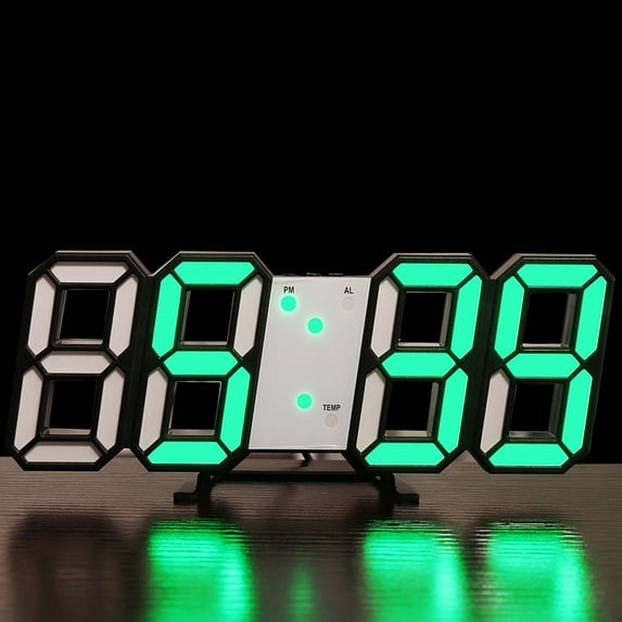 3D LED Digital Alarm Clock Table Wall Modern Alarm Clock Multifunctional Number Time Clock, Brightness Adjustable Snooze Function Temperature Display for Bedroom Office Home - green