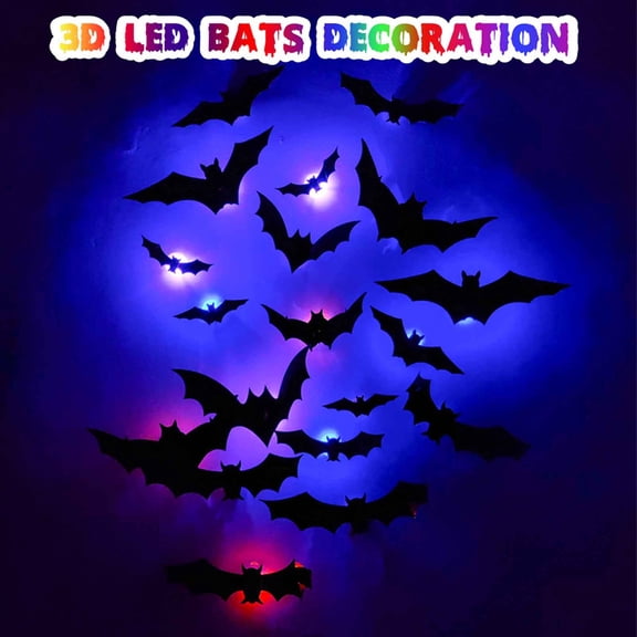 3D LED Halloween Bats - Glow in The Dark Wall Stickers, Flying Effect Removable Decals for Window, Garage, Party Decorations, Indoor and Outdoor Use
