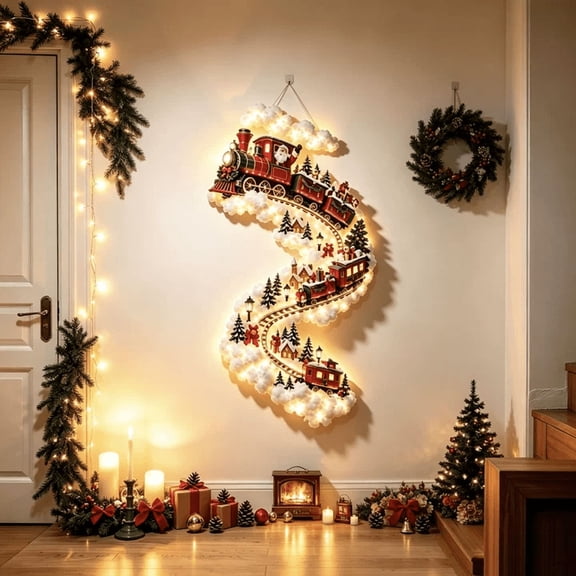 3D LED Light-Up Train Christmas Wall Art Decor, Glowing Wall-Mounted Holiday Scene Ornament for Living Room Mantel Indoor Display