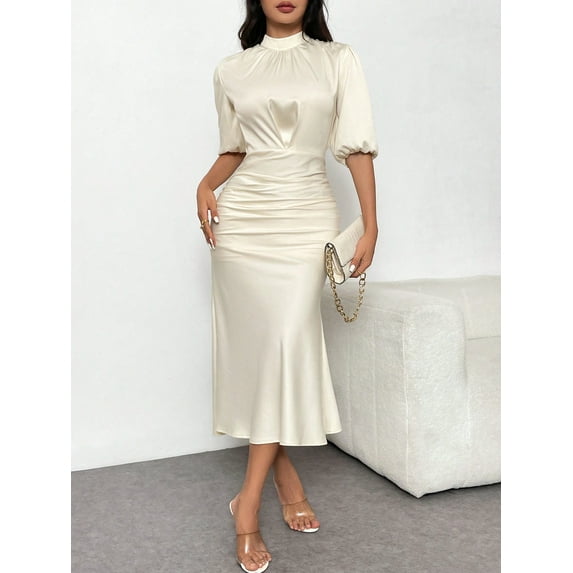 MORTTIC Women's Elegant Ruched Bodycon Midi Dress, Short Sleeve Mock Neck Party Outfit for Club & Evening Events, XL