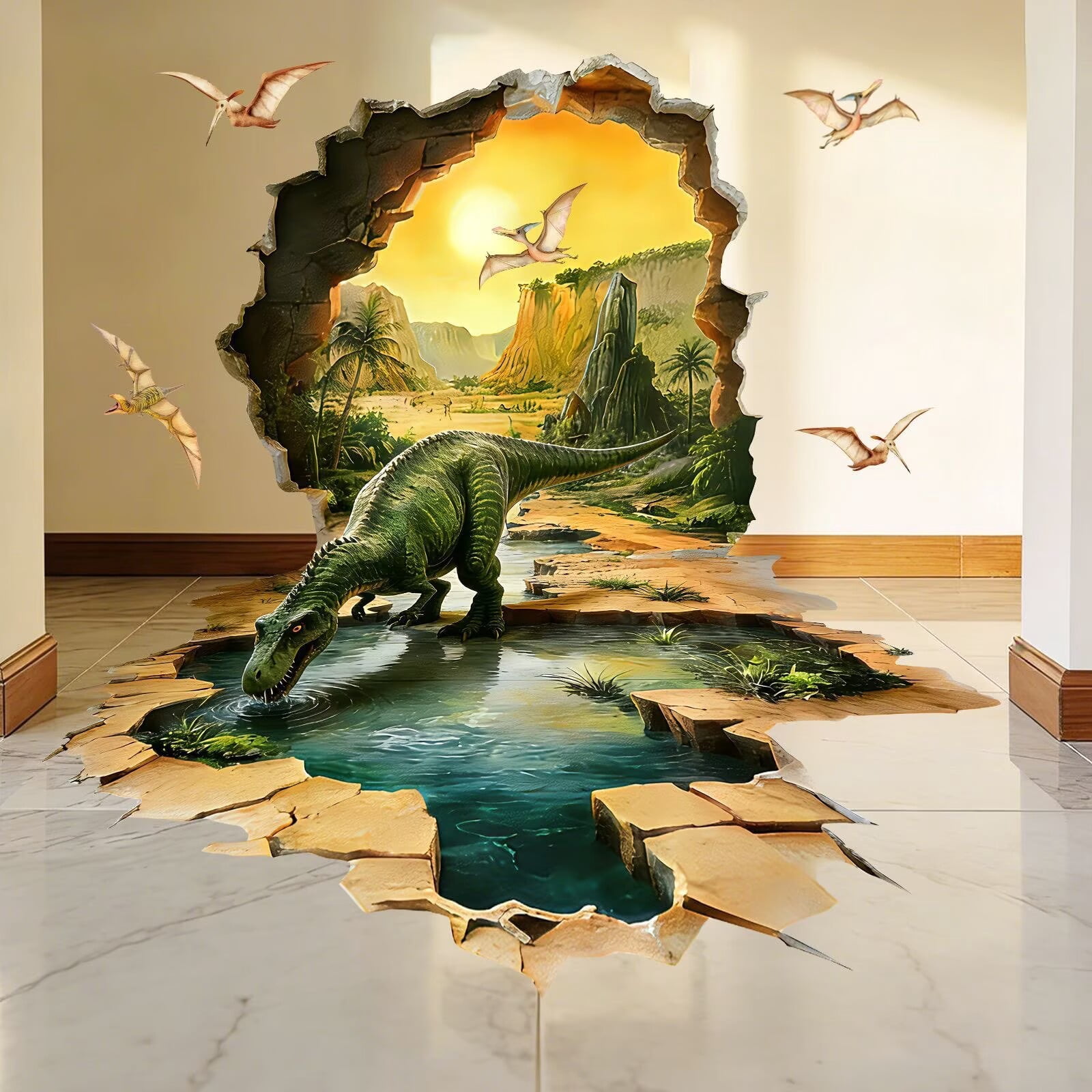 3D Large Dinosaur Wall Stickers Dinosaur Crack Hole Dinosaur Animal Peel and Stick Wall Art Decals for Boys Room Baby Nursery Kids Bedroom