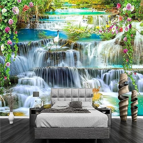 3D Large Waterfall Wall Murals, Green Flowers Landscape Mural Wallpaper ...