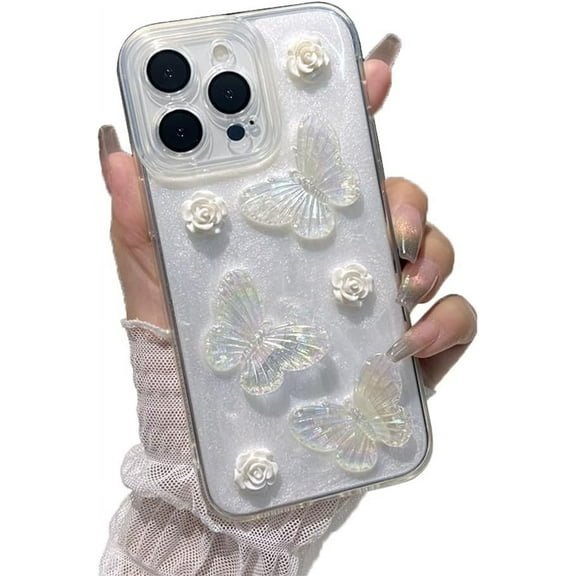 3D Laser Butterfly Flower Soft for iPhone Case (White,iPhone 15)