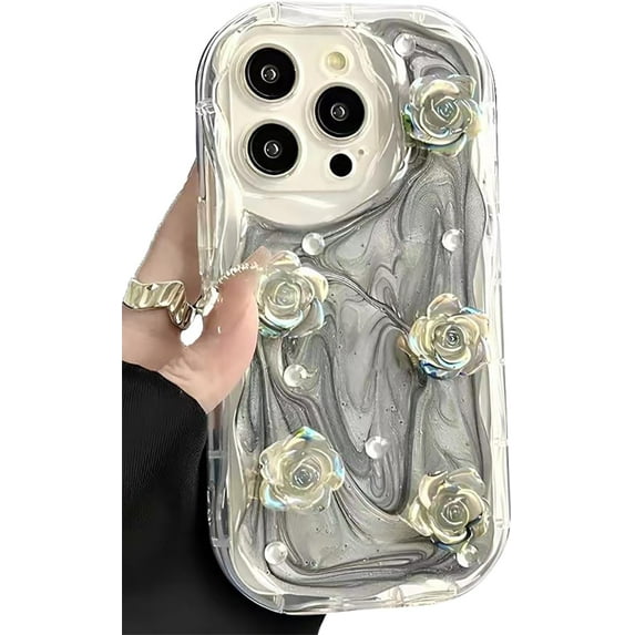 3D Laser Rose Flowers Diamonds Wavy Frame Phone Case Compatible with iPhone Case (Gray,iPhone 11)