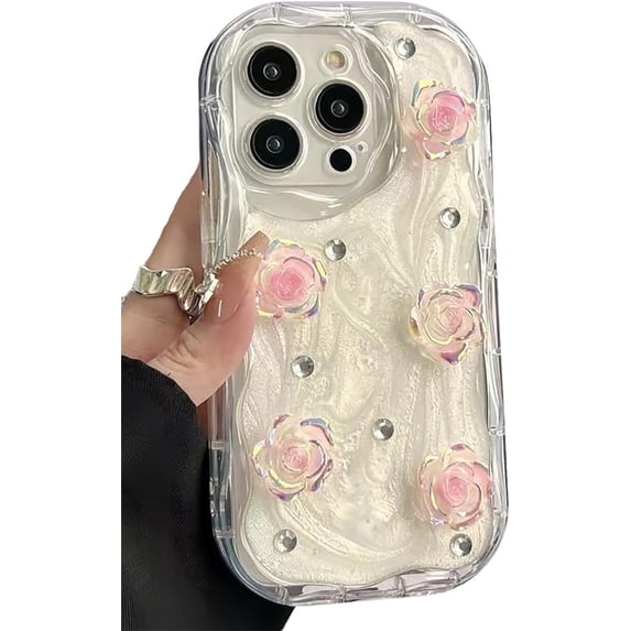 3D Laser Rose Flowers Diamonds Wavy Frame Phone Case Compatible with iPhone Case (White,iPhone 12 Pro Max)