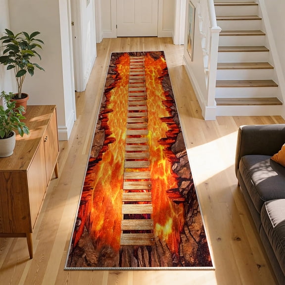 3D Lava Bridge Runner Rug 2x7ft, Washable Non-Slip Volcanic Fire Floor Mat for Hallway Entryway Kitchen