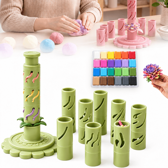 3D Layered Flower Clay Making Set with 24 Colors Modeling Clay, Reusable Press Flower Mold Kit with 9 Shaping Sleeves, Easy DIY Modular Clay Bloom Maker for Beginners, Kids & Craft Lovers (Green)