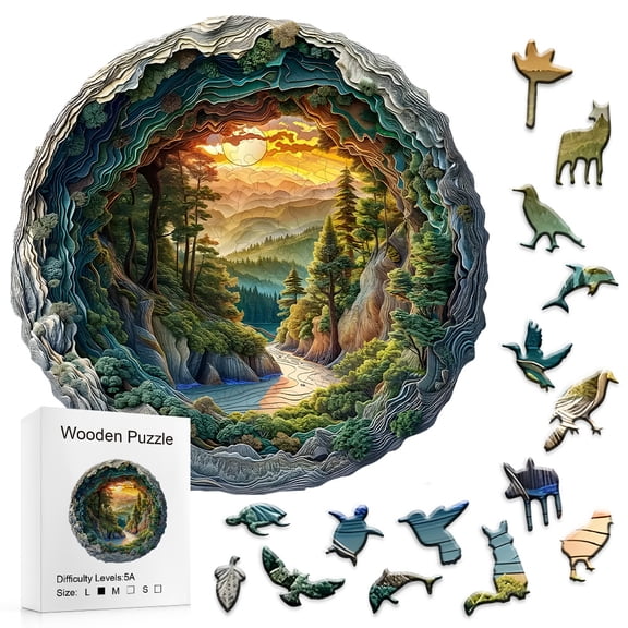3D Layered Forest Cave Wooden Jigsaw Puzzle with Unique Animal Shaped Pieces, Educational Brain Teaser & Wall Art Decor for Adults & Kids, 11.41in/29cm