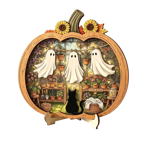 3D Layered Wooden Pumpkin Tabletop Sign Style A with Multi Layer Greenhouse Scene and Wooden Stand for Mantel Shelf Farmhouse Fall Halloween Decor